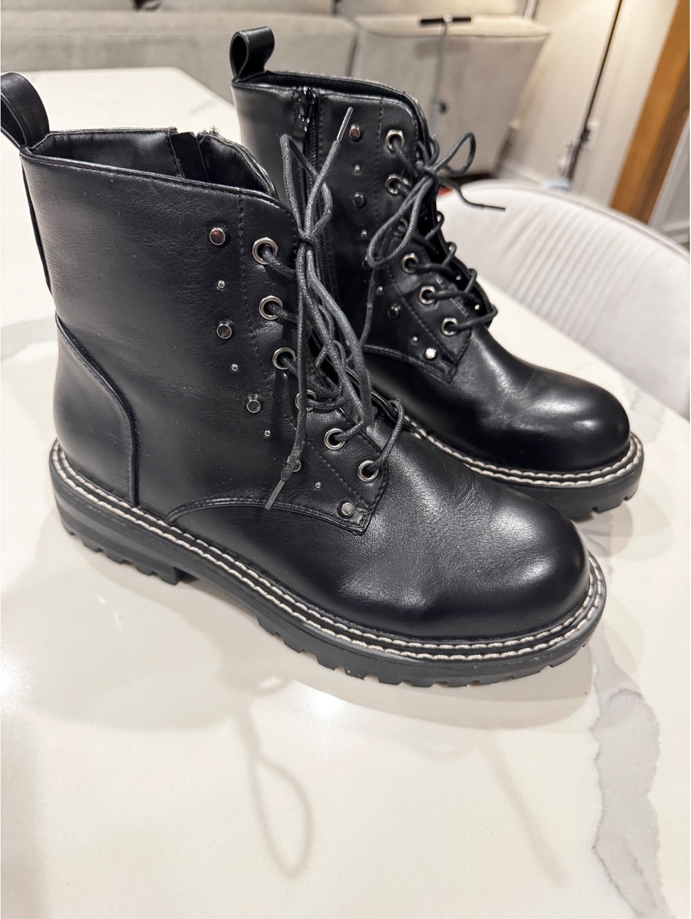 Black Leather Combat Boots Side Zip Studded Edgy Y2K Goth Biker Boots